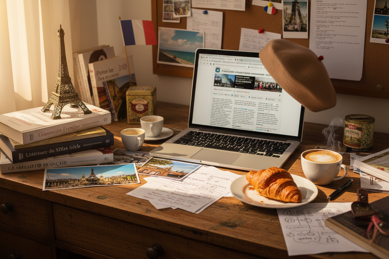 create an image of a messy desk with French elements and a laptop
