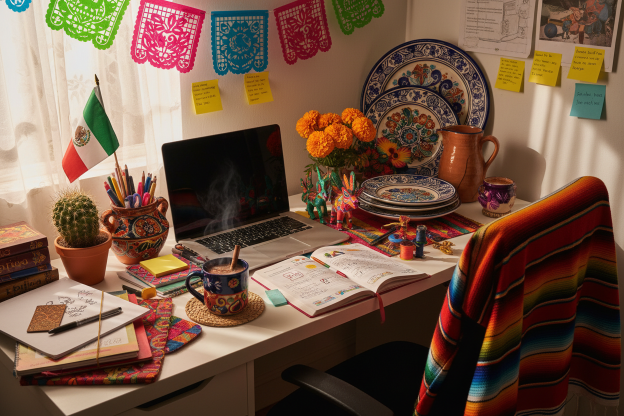 create another image of a messy desk with mexican elements and a laptop