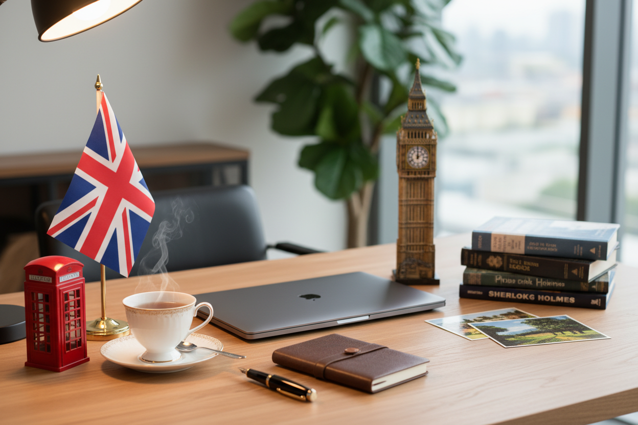 un escritorio con elementos del UK donde se vea una laptop